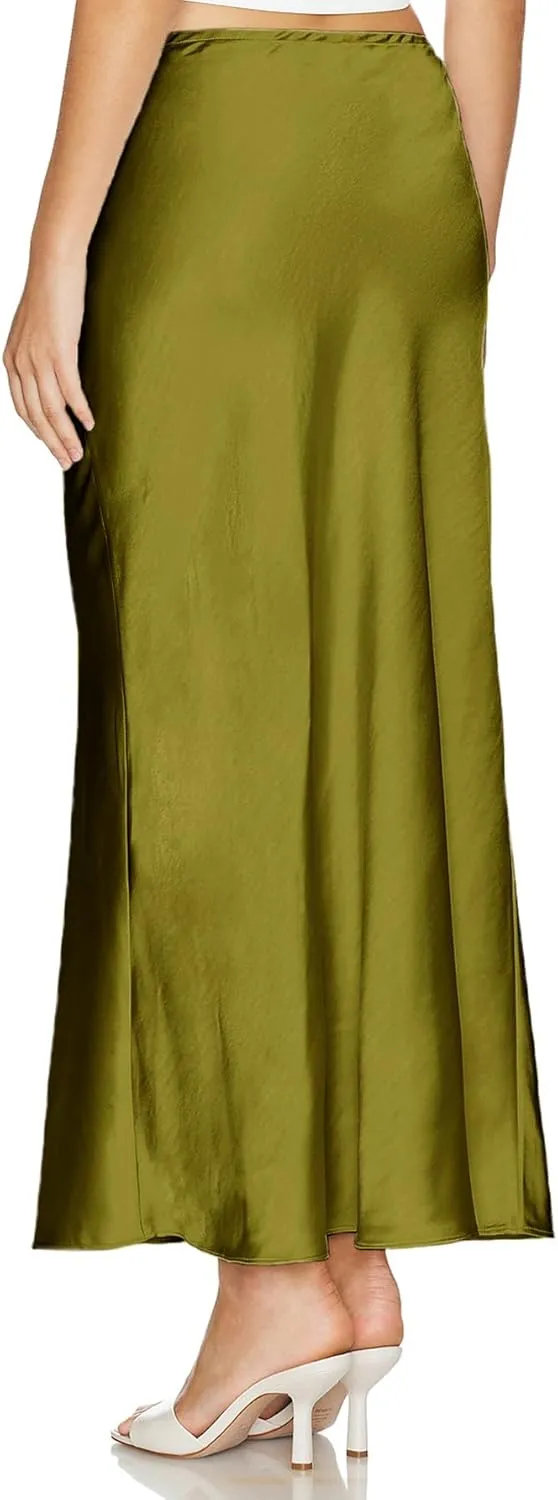 Womens Satin Silk Maxi Skirts Drawstring Flared Casual A-Line Long Skirt for Women