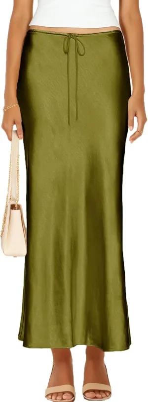 Womens Satin Silk Maxi Skirts Drawstring Flared Casual A-Line Long Skirt for Women
