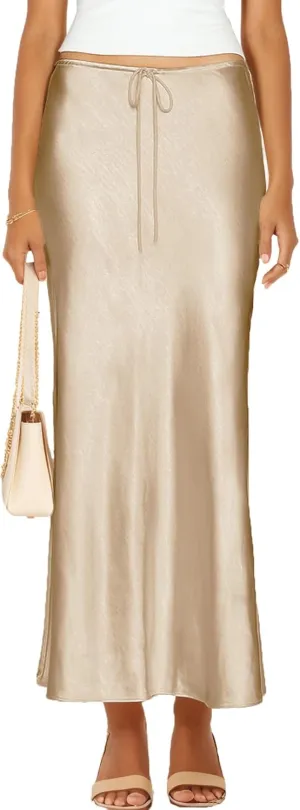 Womens Satin Silk Maxi Skirts Drawstring Flared Casual A-Line Long Skirt for Women