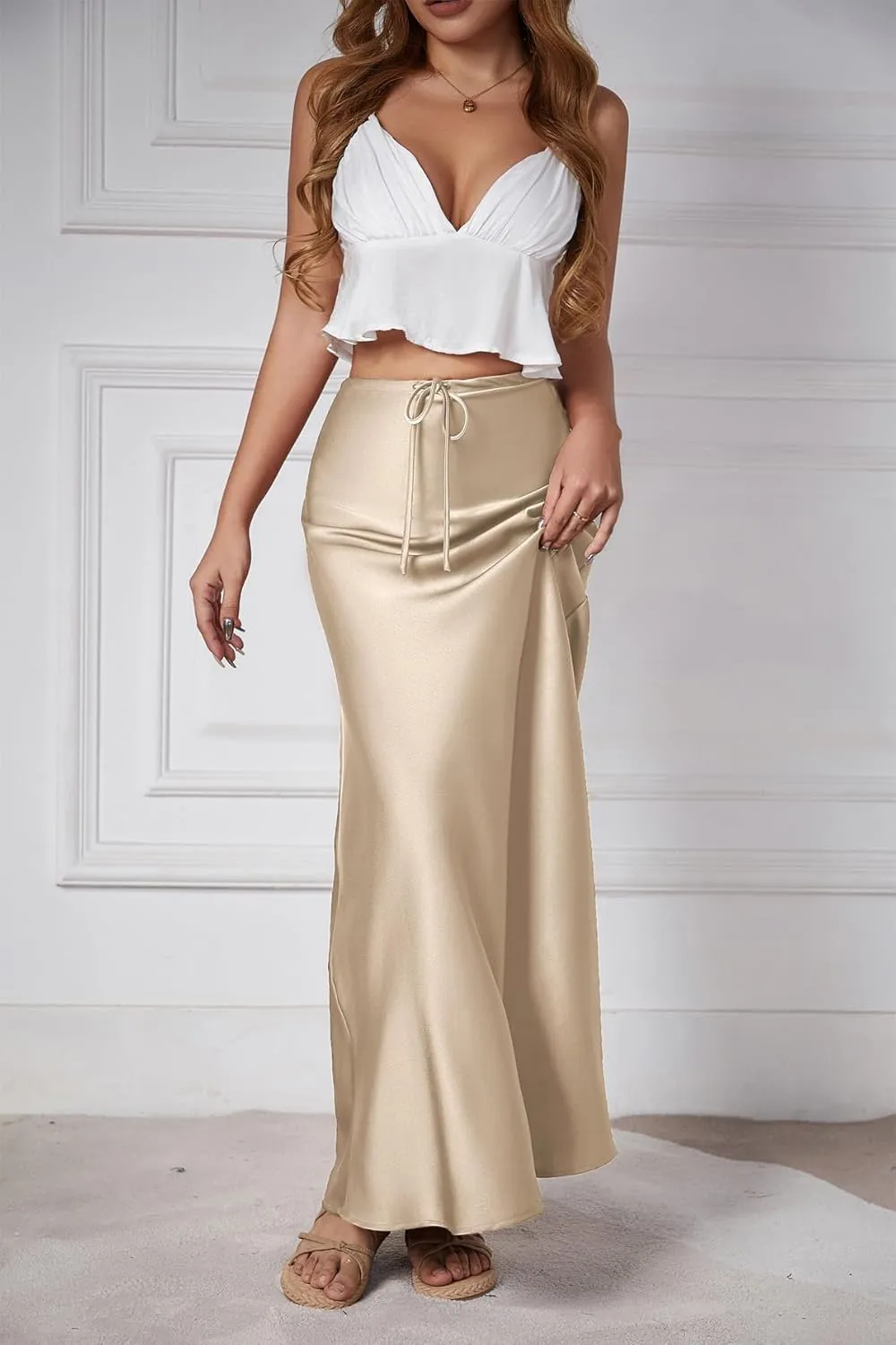 Womens Satin Silk Maxi Skirts Drawstring Flared Casual A-Line Long Skirt for Women