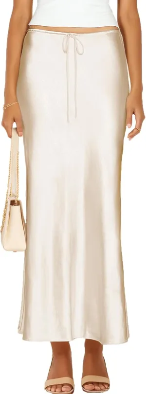 Womens Satin Silk Maxi Skirts Drawstring Flared Casual A-Line Long Skirt for Women