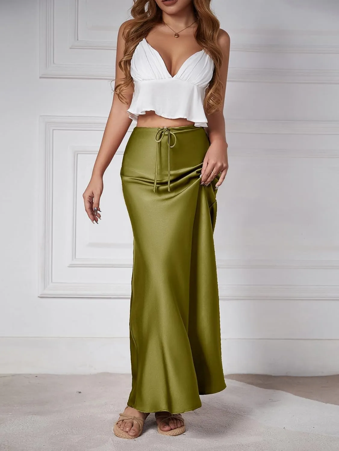 Womens Satin Silk Maxi Skirts Drawstring Flared Casual A-Line Long Skirt for Women