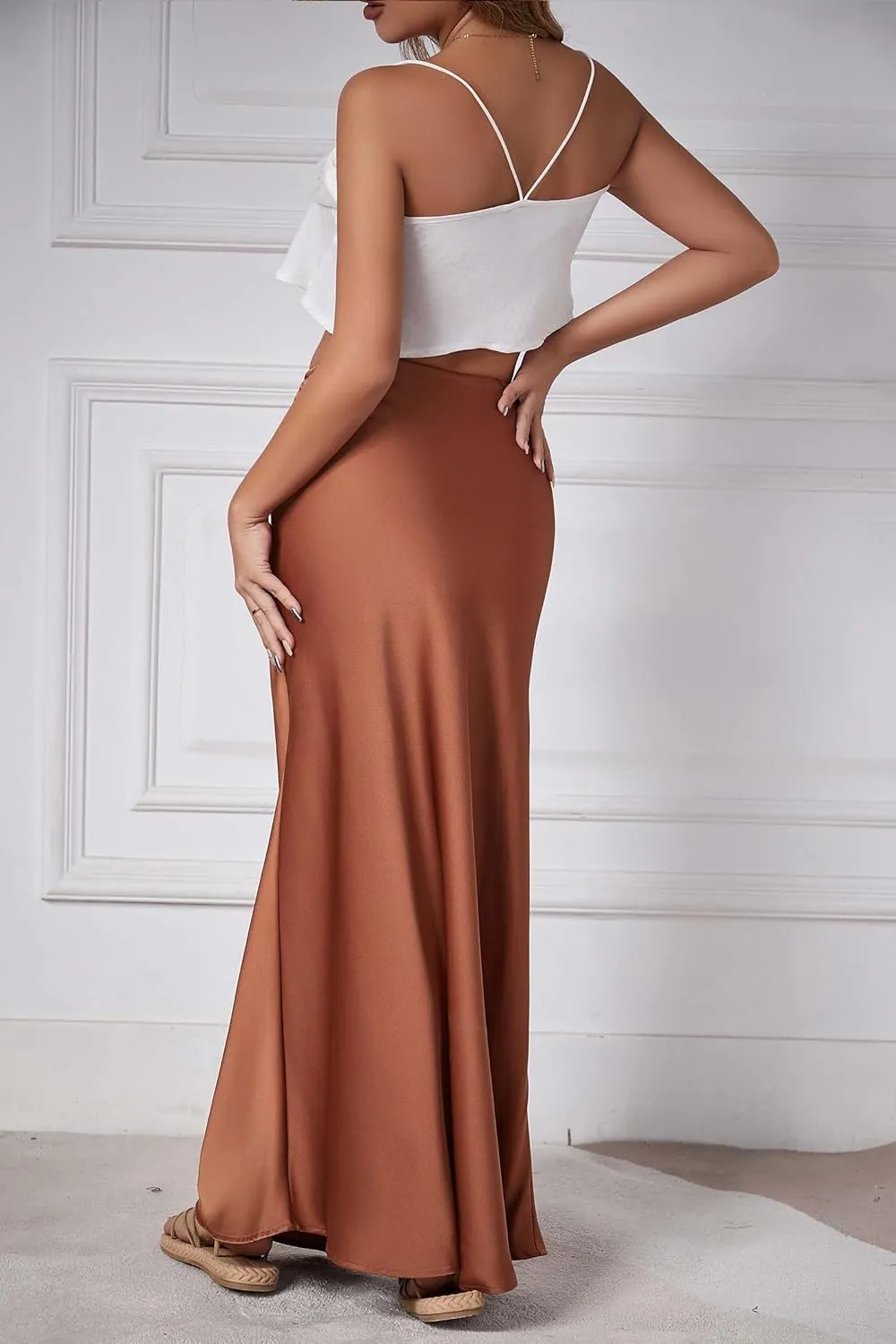 Womens Satin Silk Maxi Skirts Drawstring Flared Casual A-Line Long Skirt for Women