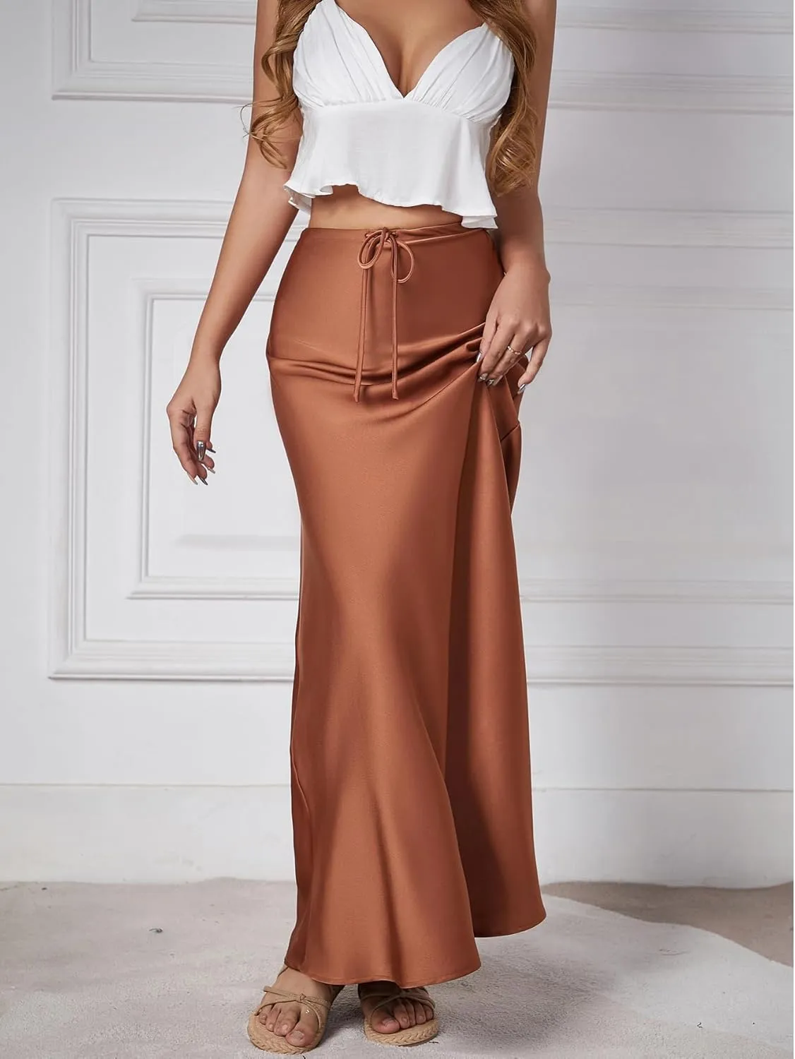 Womens Satin Silk Maxi Skirts Drawstring Flared Casual A-Line Long Skirt for Women