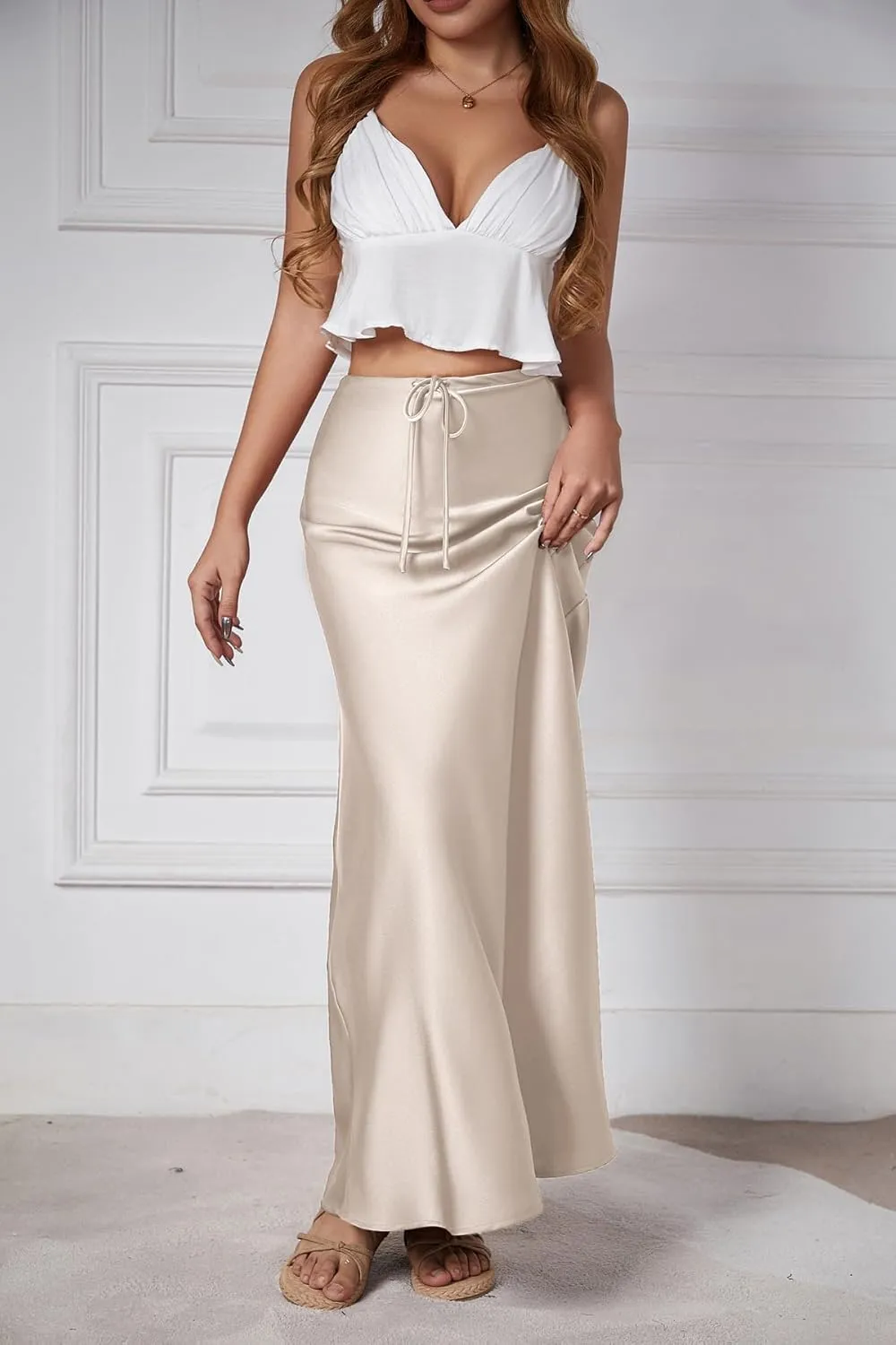 Womens Satin Silk Maxi Skirts Drawstring Flared Casual A-Line Long Skirt for Women