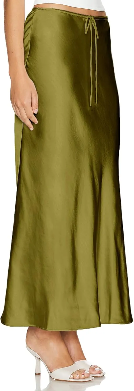 Womens Satin Silk Maxi Skirts Drawstring Flared Casual A-Line Long Skirt for Women