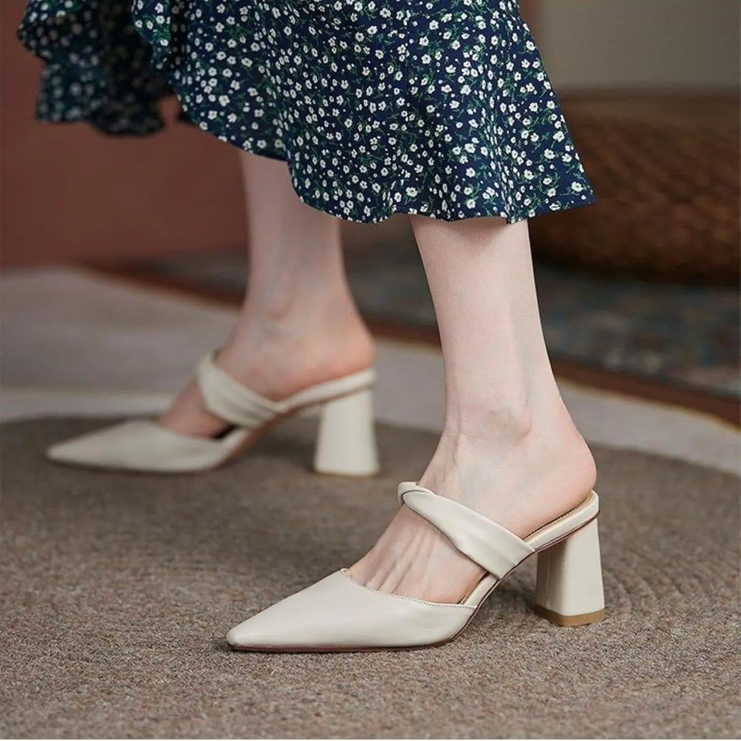 Women's Slippers, Simple Loafers, Pointed Pleated Lace up Block Heel Slippers, Women's Shoes