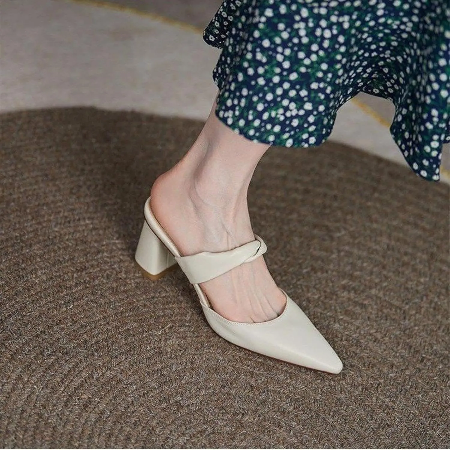 Women's Slippers, Simple Loafers, Pointed Pleated Lace up Block Heel Slippers, Women's Shoes