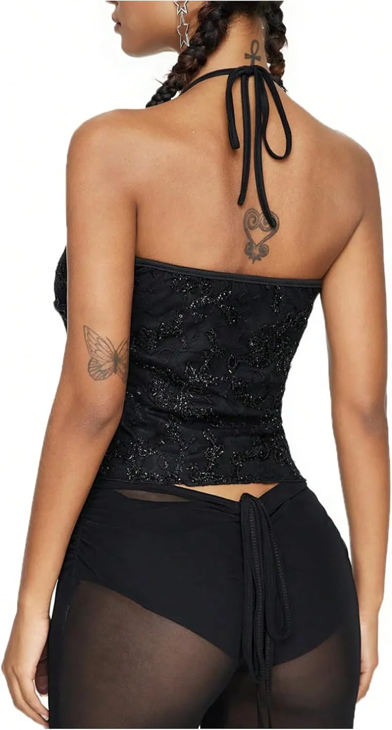 Women's Sparkly Sequin Backless Halter Tops Y2K Sleeveless Summer Low Cut Camisole Top