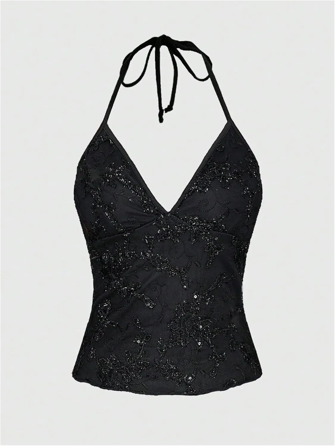 Women's Sparkly Sequin Backless Halter Tops Y2K Sleeveless Summer Low Cut Camisole Top