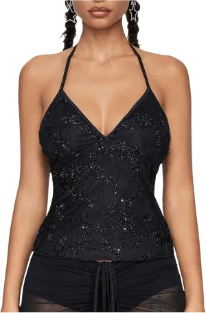 Women's Sparkly Sequin Backless Halter Tops Y2K Sleeveless Summer Low Cut Camisole Top