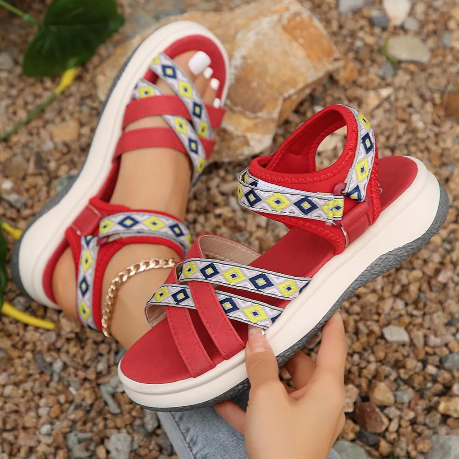 Women's Summer Ethnic Style Sandals Large Size Casual Fashion Sandals Wearable Thick Bottom Slope Heel Sandals