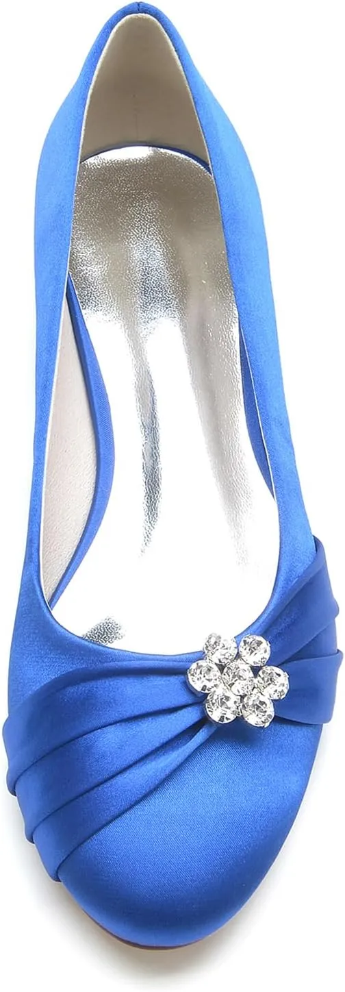 Women's Wedding Shoes Bride Rhinestone Round Toe Wedding Dress Shoes Closed Ballet Flats