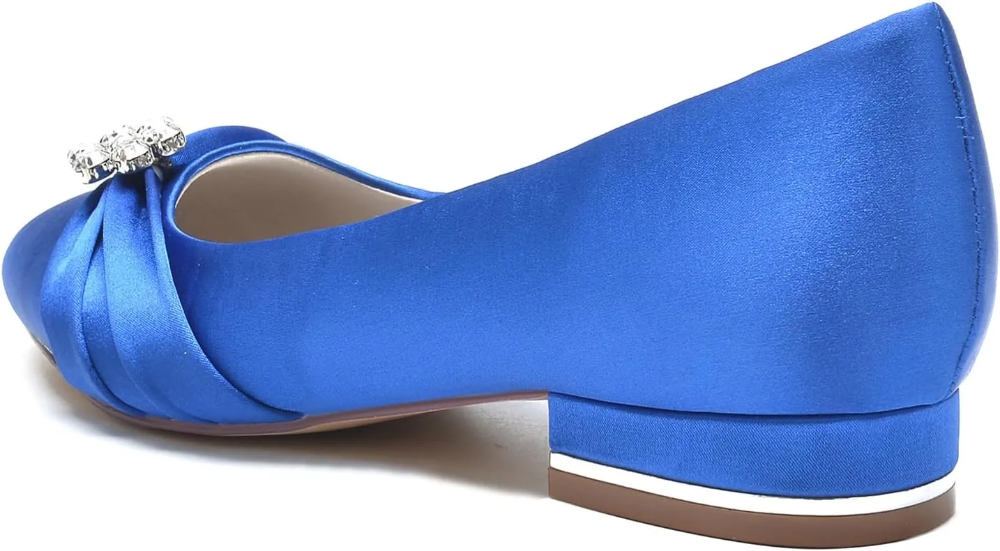 Women's Wedding Shoes Bride Rhinestone Round Toe Wedding Dress Shoes Closed Ballet Flats