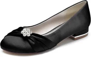 Women's Wedding Shoes Bride Rhinestone Round Toe Wedding Dress Shoes Closed Ballet Flats