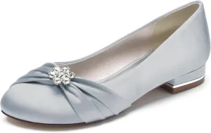 Women's Wedding Shoes Bride Rhinestone Round Toe Wedding Dress Shoes Closed Ballet Flats