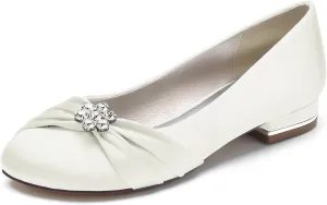 Women's Wedding Shoes Bride Rhinestone Round Toe Wedding Dress Shoes Closed Ballet Flats