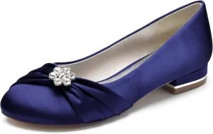Women's Wedding Shoes Bride Rhinestone Round Toe Wedding Dress Shoes Closed Ballet Flats