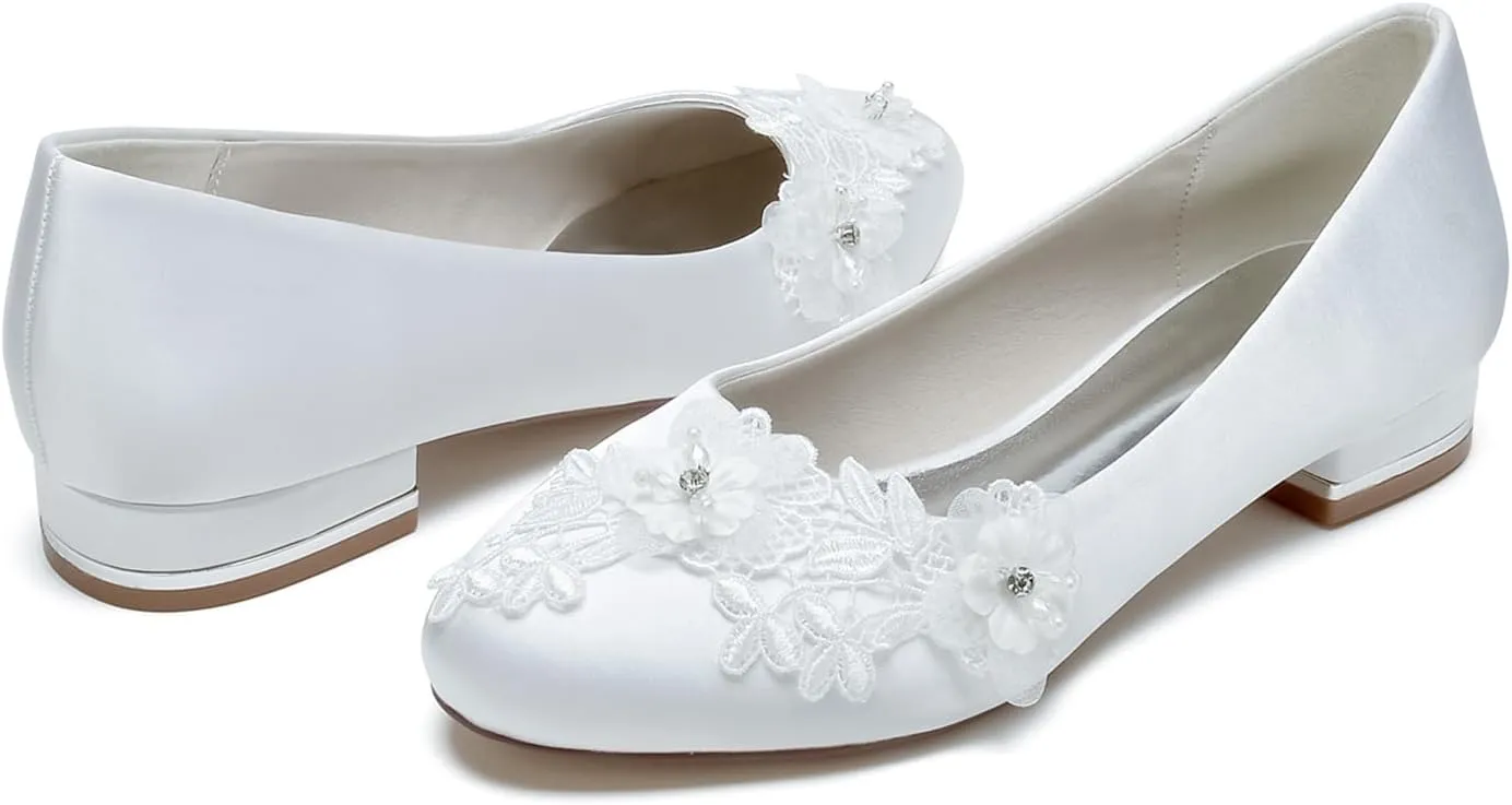 Women's Wedding Shoes Closed Ballet Flat Bride Rhinestone Round Toe Wedding Dress Shoes