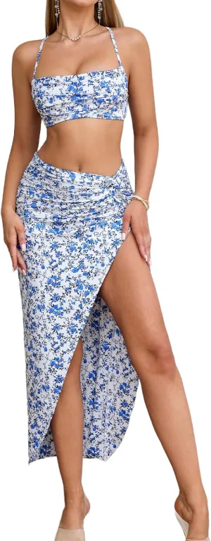 XinFSh Women's Two Piece Skirt Sets Summer Beach Sexy Asymmetrical High Slit Night Out Dress Sets