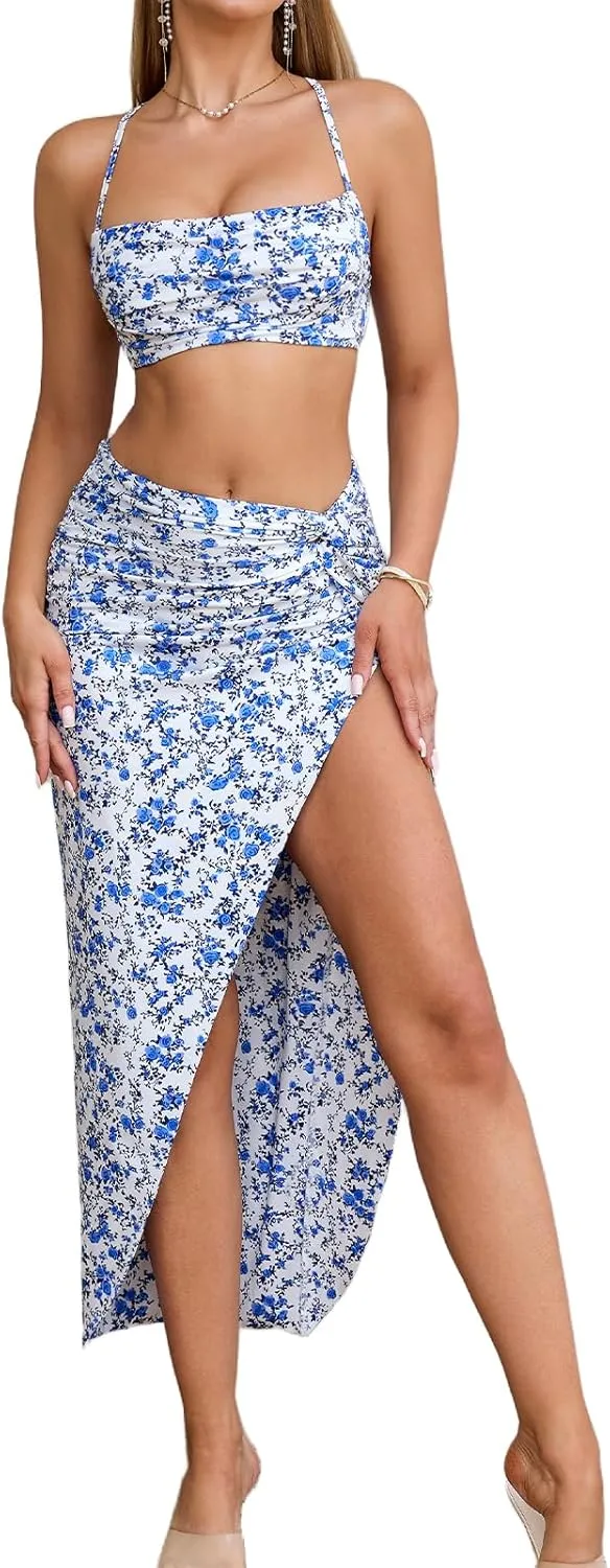 XinFSh Women's Two Piece Skirt Sets Summer Beach Sexy Asymmetrical High Slit Night Out Dress Sets