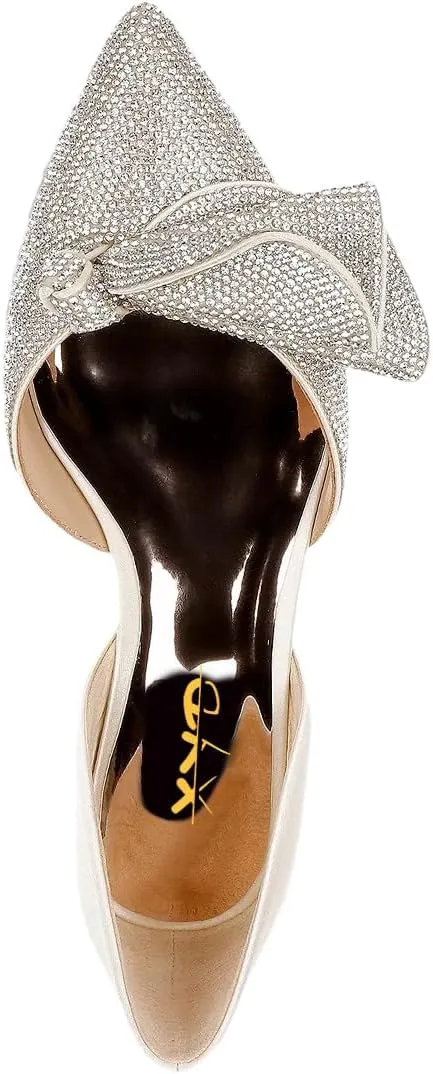 XYD Women Sparkle Pointed Toe Flats D'Orsay Slip On Slides Elegent Folded Bow Silk Satin Wedding Bridal Party Evening Comfort Shoes