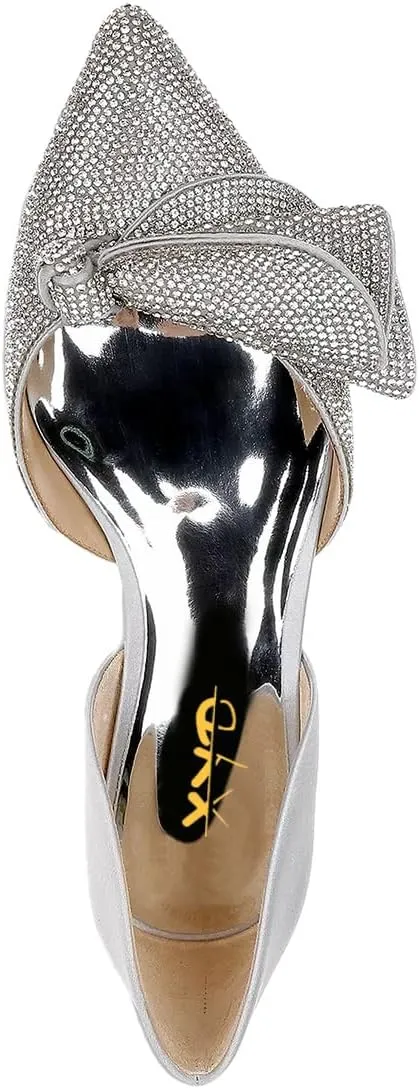 XYD Women Sparkle Pointed Toe Flats D'Orsay Slip On Slides Elegent Folded Bow Silk Satin Wedding Bridal Party Evening Comfort Shoes
