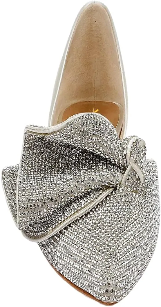 XYD Women Sparkle Pointed Toe Flats D'Orsay Slip On Slides Elegent Folded Bow Silk Satin Wedding Bridal Party Evening Comfort Shoes