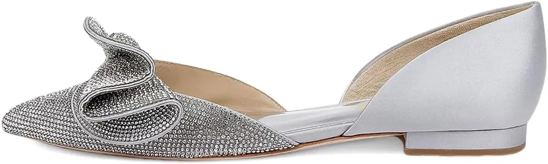 XYD Women Sparkle Pointed Toe Flats D'Orsay Slip On Slides Elegent Folded Bow Silk Satin Wedding Bridal Party Evening Comfort Shoes