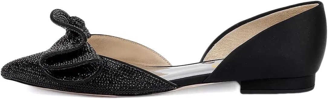 XYD Women Sparkle Pointed Toe Flats D'Orsay Slip On Slides Elegent Folded Bow Silk Satin Wedding Bridal Party Evening Comfort Shoes
