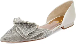 XYD Women Sparkle Pointed Toe Flats D'Orsay Slip On Slides Elegent Folded Bow Silk Satin Wedding Bridal Party Evening Comfort Shoes