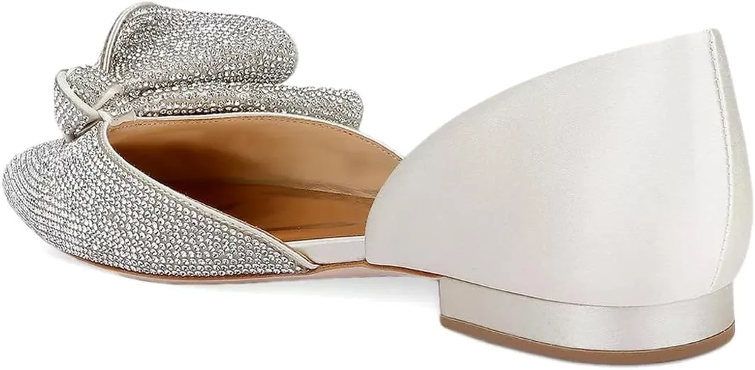 XYD Women Sparkle Pointed Toe Flats D'Orsay Slip On Slides Elegent Folded Bow Silk Satin Wedding Bridal Party Evening Comfort Shoes