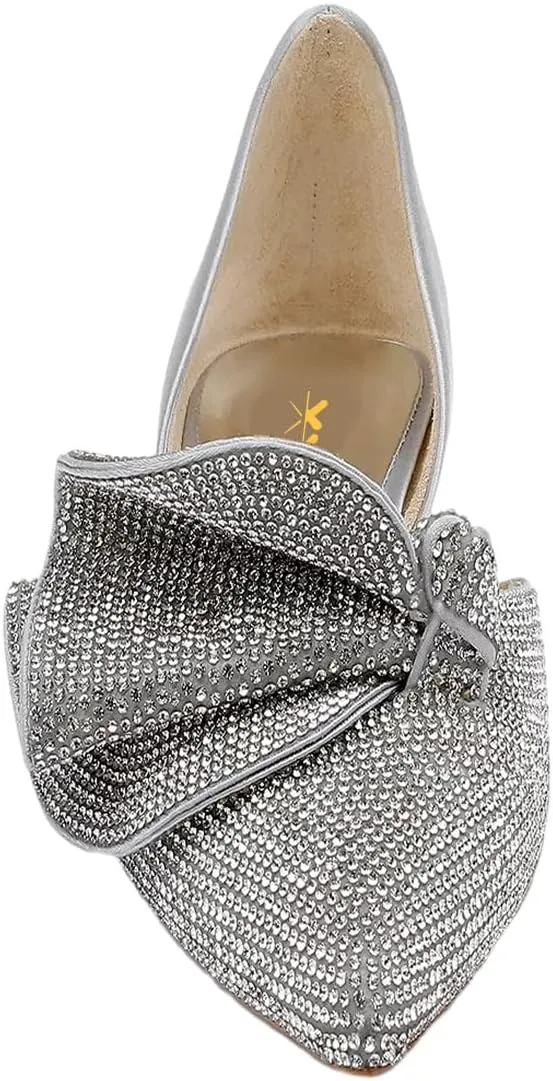 XYD Women Sparkle Pointed Toe Flats D'Orsay Slip On Slides Elegent Folded Bow Silk Satin Wedding Bridal Party Evening Comfort Shoes