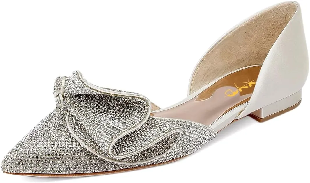 XYD Women Sparkle Pointed Toe Flats D'Orsay Slip On Slides Elegent Folded Bow Silk Satin Wedding Bridal Party Evening Comfort Shoes