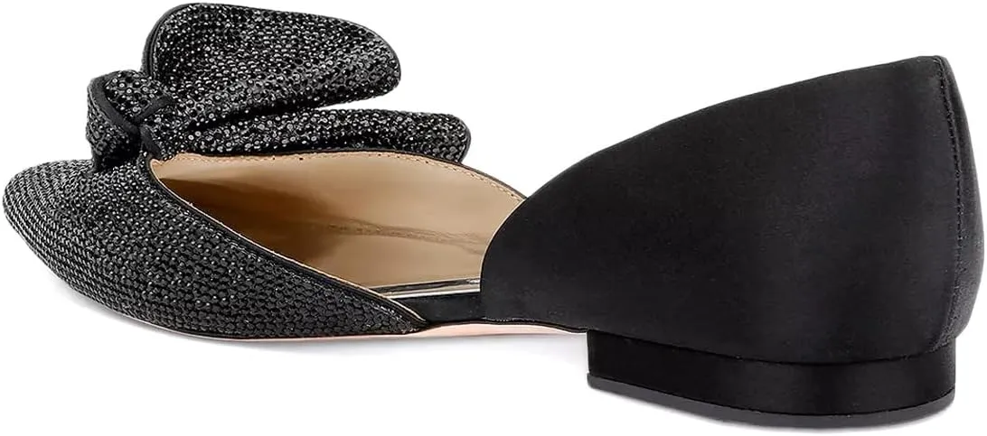 XYD Women Sparkle Pointed Toe Flats D'Orsay Slip On Slides Elegent Folded Bow Silk Satin Wedding Bridal Party Evening Comfort Shoes