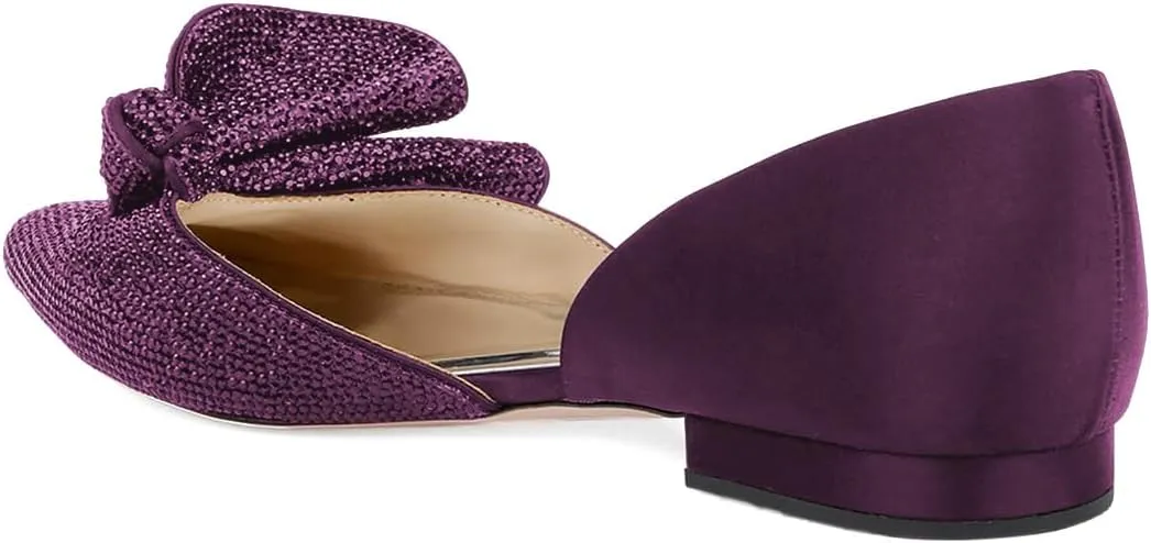 XYD Women Sparkle Pointed Toe Flats D'Orsay Slip On Slides Elegent Folded Bow Silk Satin Wedding Bridal Party Evening Comfort Shoes