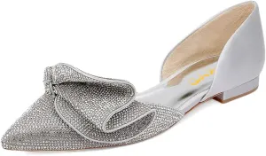 XYD Women Sparkle Pointed Toe Flats D'Orsay Slip On Slides Elegent Folded Bow Silk Satin Wedding Bridal Party Evening Comfort Shoes
