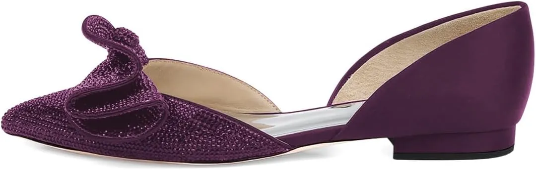 XYD Women Sparkle Pointed Toe Flats D'Orsay Slip On Slides Elegent Folded Bow Silk Satin Wedding Bridal Party Evening Comfort Shoes