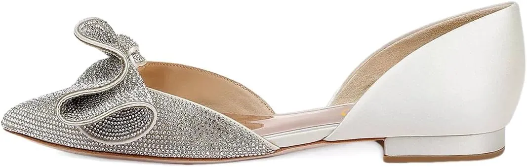 XYD Women Sparkle Pointed Toe Flats D'Orsay Slip On Slides Elegent Folded Bow Silk Satin Wedding Bridal Party Evening Comfort Shoes