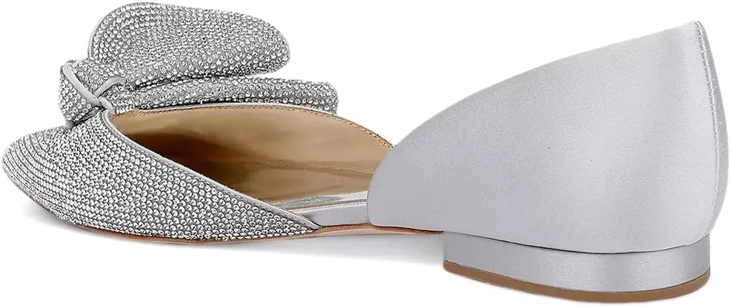 XYD Women Sparkle Pointed Toe Flats D'Orsay Slip On Slides Elegent Folded Bow Silk Satin Wedding Bridal Party Evening Comfort Shoes