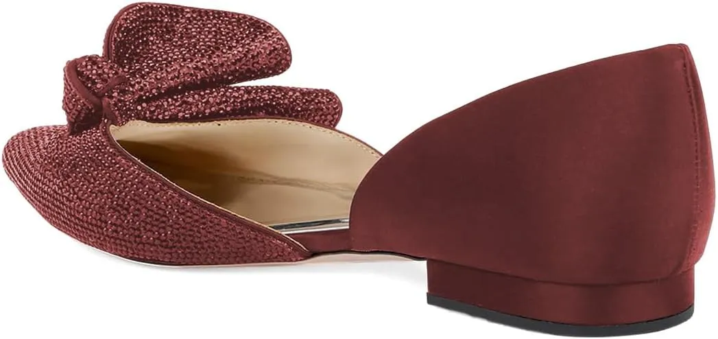 XYD Women Sparkle Pointed Toe Flats D'Orsay Slip On Slides Elegent Folded Bow Silk Satin Wedding Bridal Party Evening Comfort Shoes