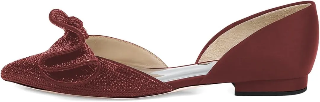 XYD Women Sparkle Pointed Toe Flats D'Orsay Slip On Slides Elegent Folded Bow Silk Satin Wedding Bridal Party Evening Comfort Shoes